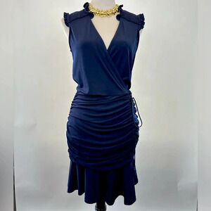 Hale Bob Womens Cocktail Party Dress Stretch Ruched Sleeveless Small Navy Blue